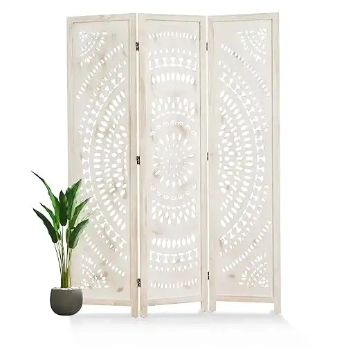 Folding Room Divider, 3 Panels Wood Carved Privacy Screens, Free Assembled Freestanding Partition for Home Office Restaurant Bedroom (White-Washed)