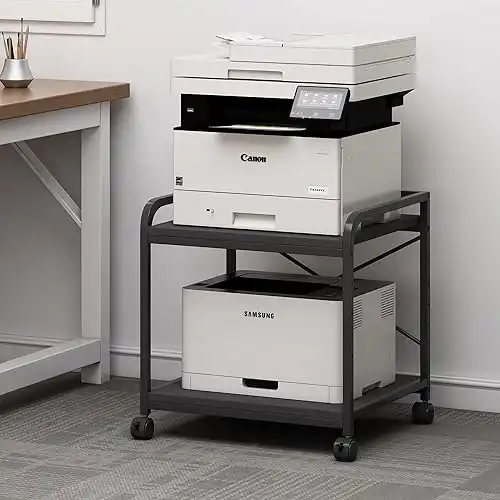 2 Tier Under Desk Printer Stand with Storage, 20 Inches Deep Large Printer Table with Height Adjustable Shelf, Rolling Printer Cart with Wheels for Home Office - Black