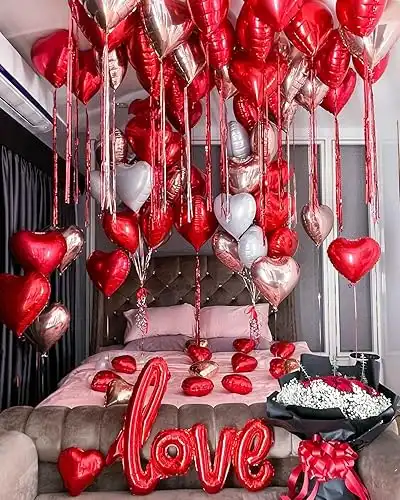 Valentines Day Balloons Kit Anniversary Decorations with Love Foil Balloons Heart Foil Balloons Rose Petal for Valentines Day Decorations Romantic Special Night Will You Be My Girlfriend