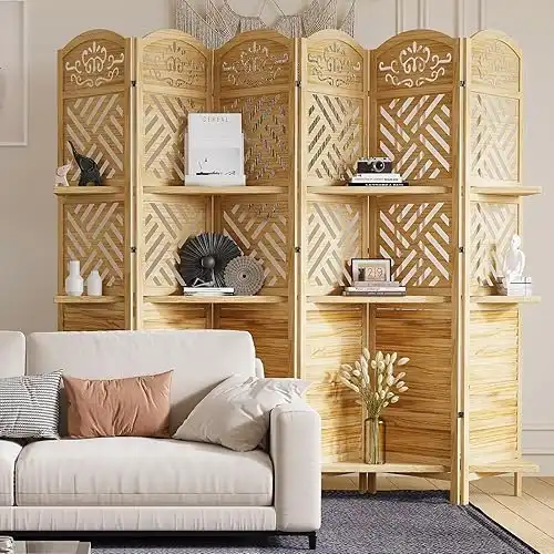 Room Divider with Shelves, 5.75ft Tall Folding Wood Carved Screen with Double Hinges for Home Office Bedroom Hotel Decoration (6 Panels, Natural)