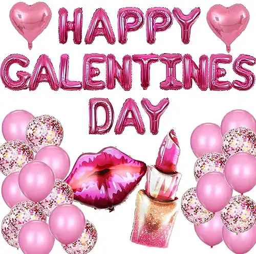 Galentines Day Party Decorations,Include Happy Galentine s Day Balloons Banner,Red Lips Lipstick Heart Foil Balloons for Girls Ladies Galentines Day Party Supplies.