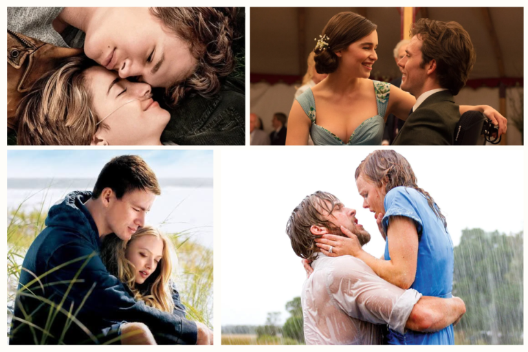 four romantic movie scenes from popular films, including couples in intimate or joyful moments.