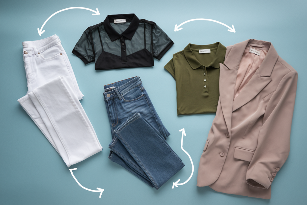 A flat-lay fashion collage on a light blue background featuring a mix of wardrobe essentials: a pair of white jeans, blue denim jeans, a black mesh collared top, an olive green polo-style shirt, and a blush pink tailored blazer. Curved white arrows connect the items, suggesting versatile outfit combinations for a stylish and modern look