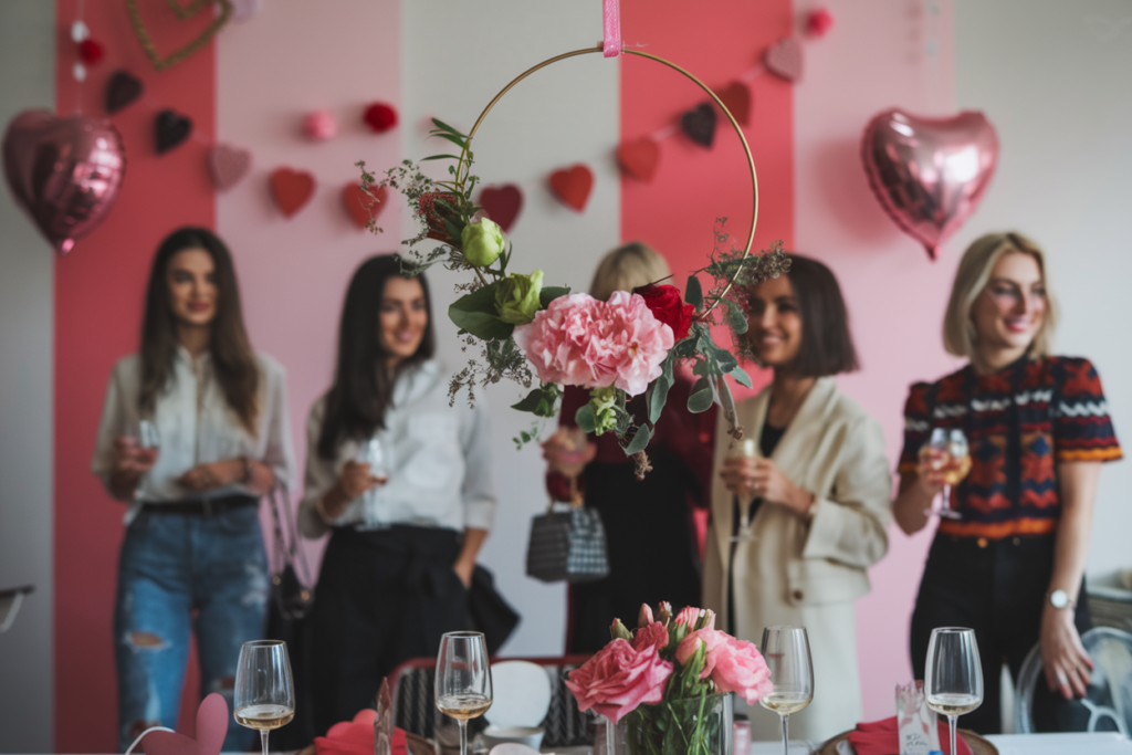 A photo of a Galentine's Day party setup area with a focus on the decor with hanging flowers or greenery. There's a hoop with fresh flowers hanging above the dining table. In the background, there are women dressed in stylish outfits, with some holding glasses of wine. The background has a pink and red theme, with heart-shaped decorations and balloons.