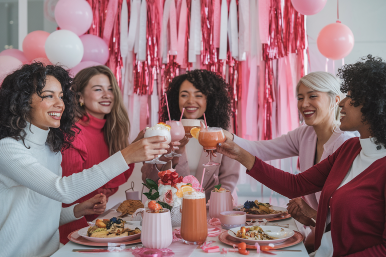 A photo of a group of different ethnicity women celebrating Galentine's Day. They are having brunch at a table covered with pink and white decorations.