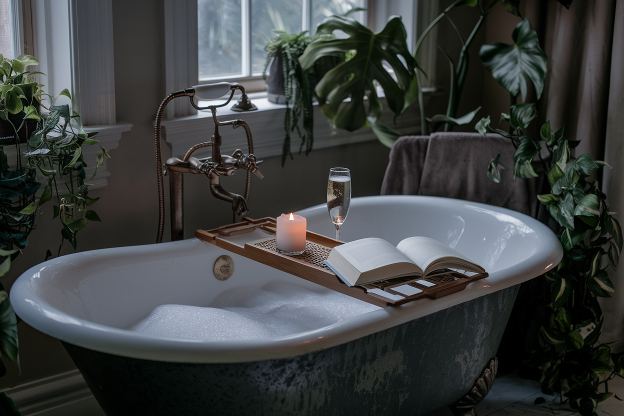A photo of a serene bathroom scene with a vintage clawfoot bathtub filled with bubbles. The tub is placed near a window with soft lighting. Surrounding the tub are lush green plants. A wooden bath tray on the tub holds a glass of champagne, a lit candle, and an open book. The background includes rustic bronze fixtures. The overall atmosphere of the room is cozy and moody, with muted tones.