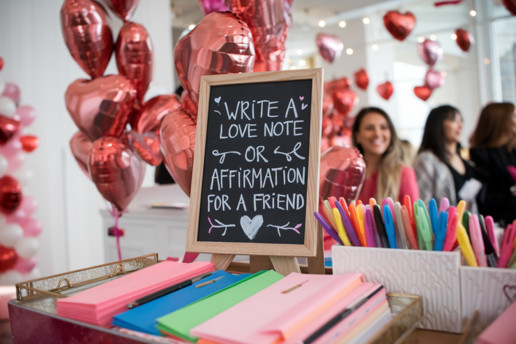A photo of a set-up area at a Galentine's Day party. There is a chalkboard sign that says "Write a love note or affirmation for a friend". There are colorful stationery and pens available for guests to use.