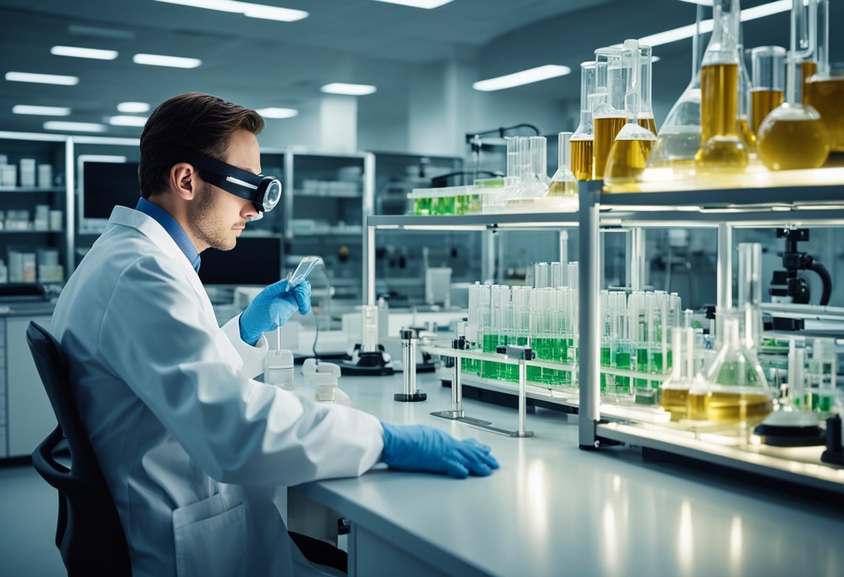 A laboratory setting with shelves of scientific equipment and a table displaying various LED masks. Researchers are examining and analyzing the masks for their effectiveness
