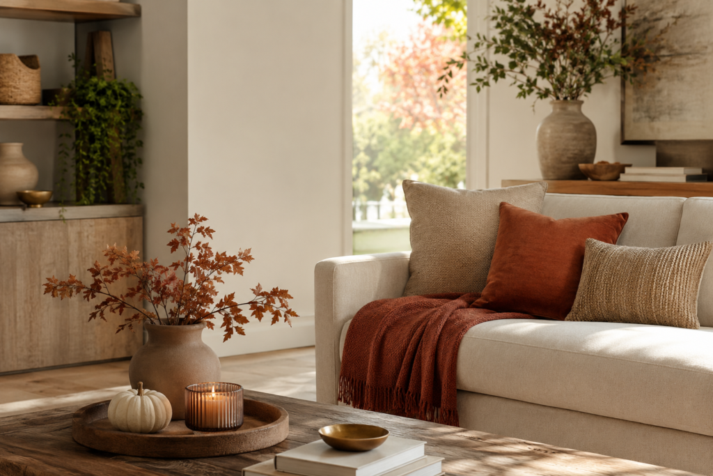Elegant fall living room with neutral decor, terracotta accents, woven textiles, ceramic vases, natural wood, and a small white pumpkin.