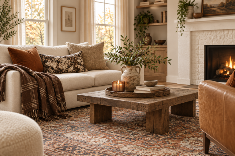 Cozy fall living room with vintage rug, plaid throw, floral pillow, rustic vase, and glowing candle